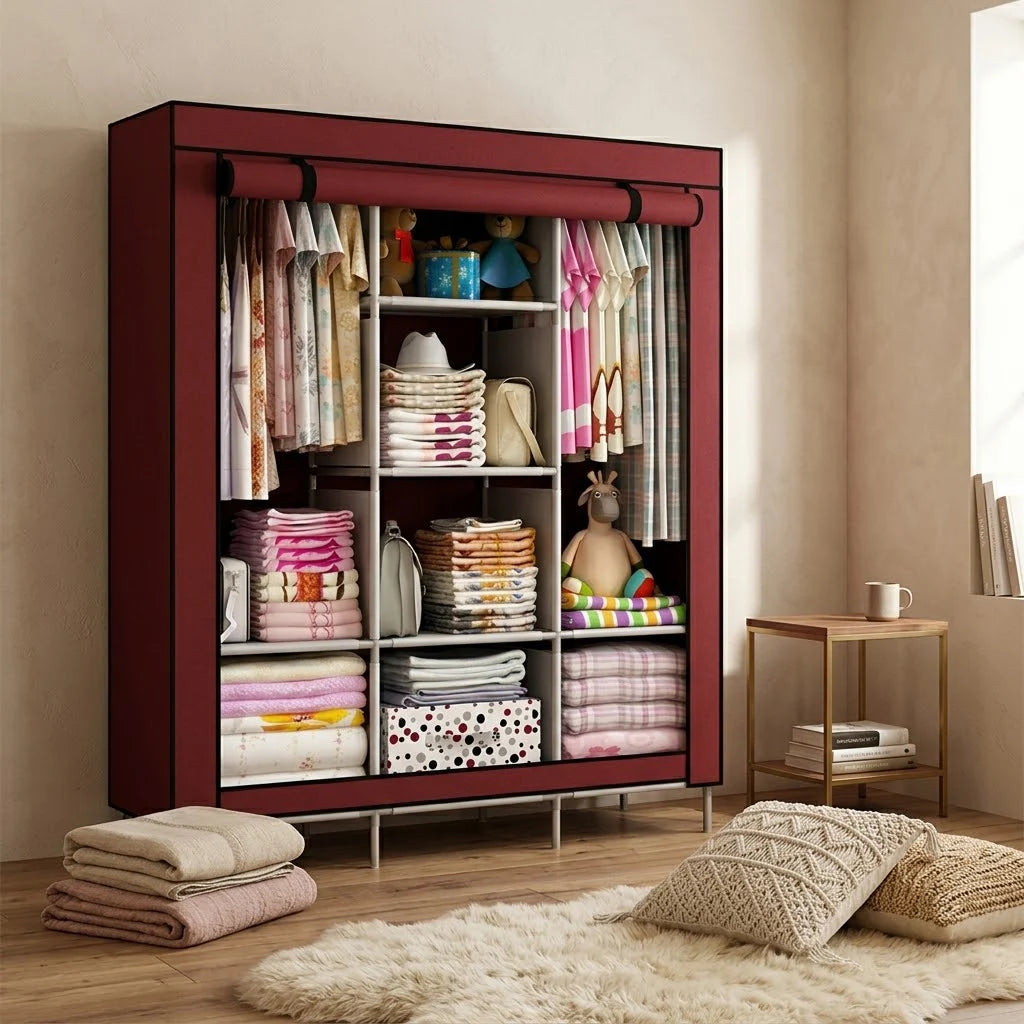 Armoire de Rangement Portable en Tissu avec Étagères et Penderie